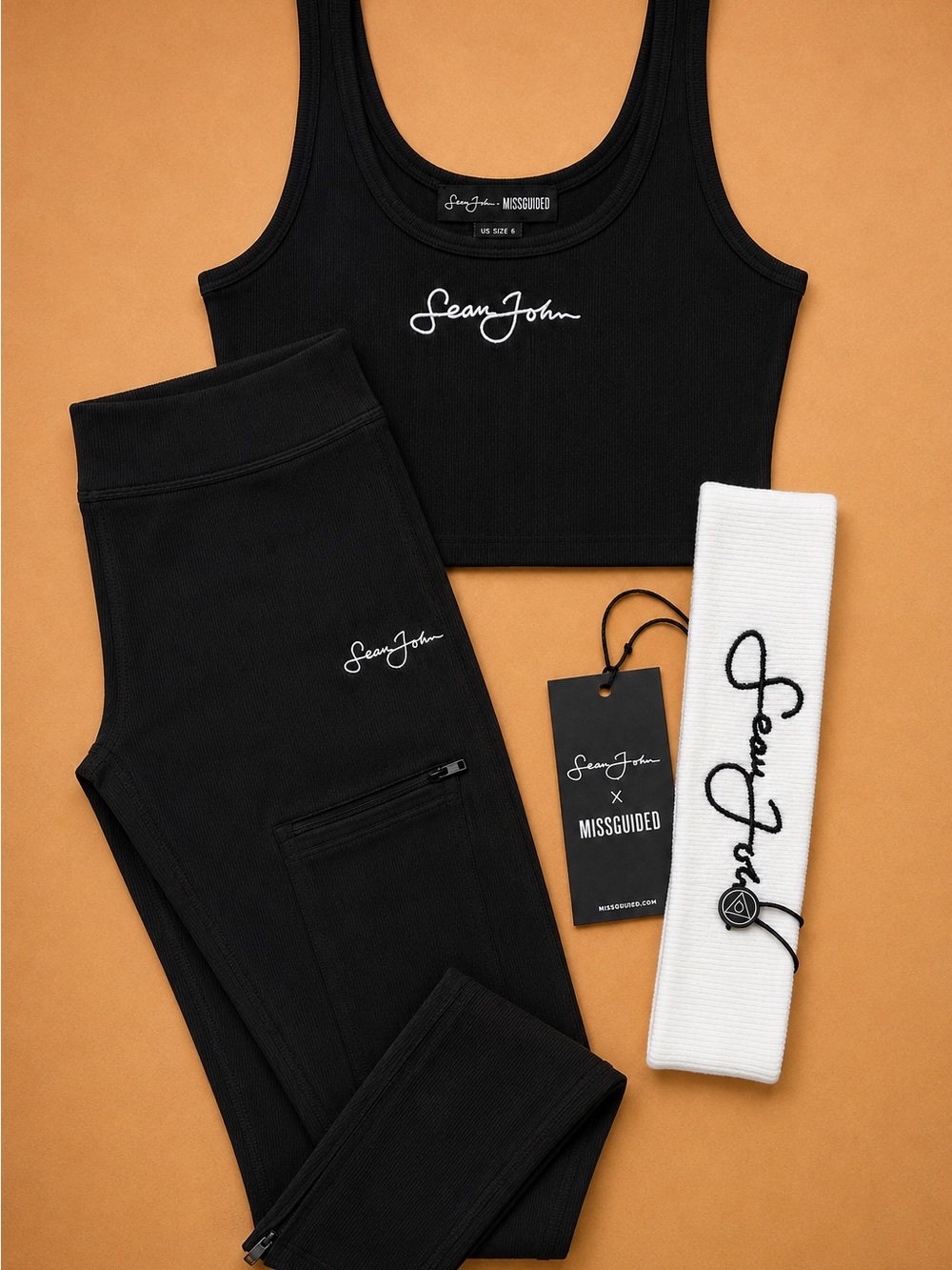 Missguided + Sean John Black Ribbed Crop Tank and Joggers Set